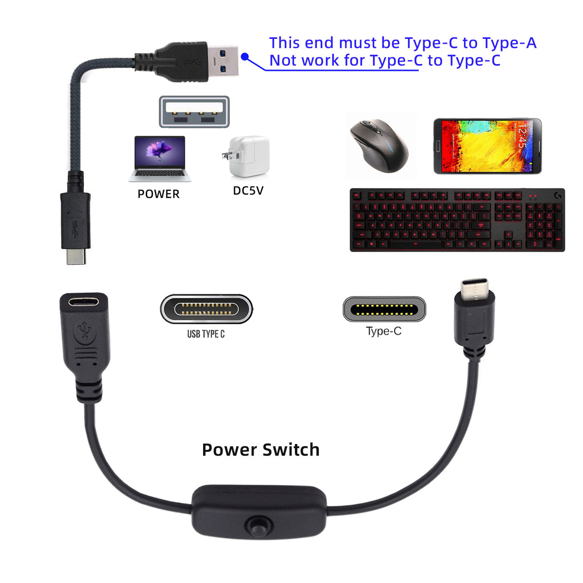 UC-148 Type-C Male to Female Cable USB-C Cable with On-Off Power Switch Button for Laptop Keyboard