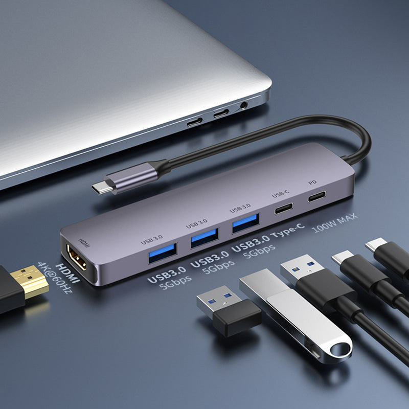 T601 6-in-1 Type-C Hub 3 USB 3.0+4K@60Hz HD+Type-C 3.0+PD 100W Fast Charging Docking Station