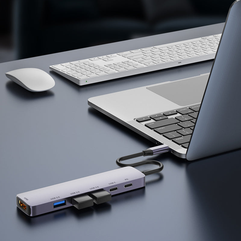 T601 6-in-1 Type-C Hub 3 USB 3.0+4K@60Hz HD+Type-C 3.0+PD 100W Fast Charging Docking Station