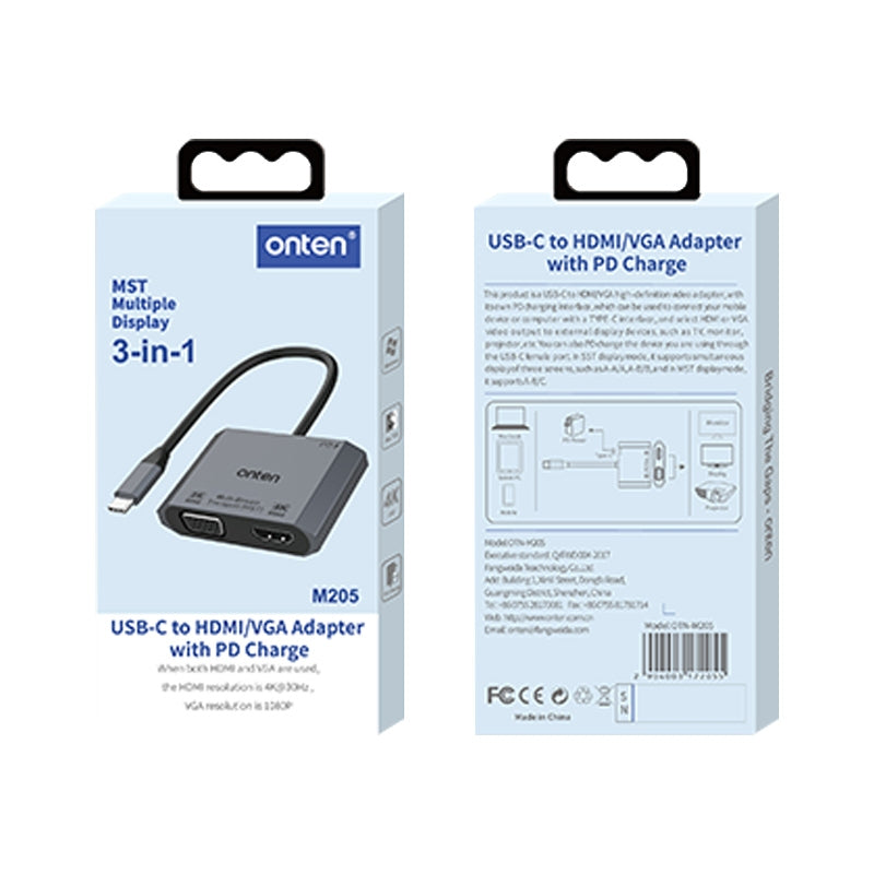 ONTEN M205 3-in-1 Type-C to HD+VGA Adapter Cable with PD Fast Charging USB-C Video Converter - Black