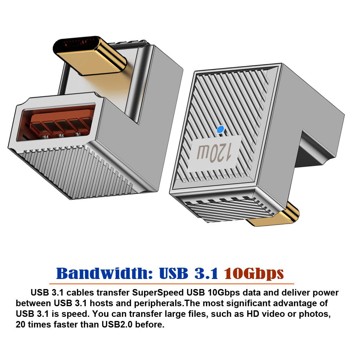 UC-017-OS USB 3.1 Type C Male to USB 3.0 A Female 10Gbps OTG Data 120W Power Opposite U Shape Back Angled Adapter