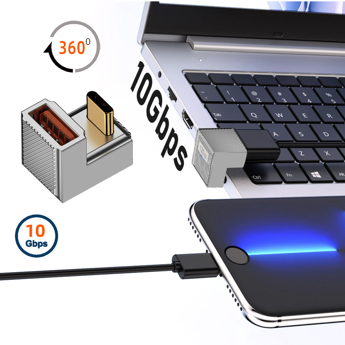 UC-017-OS USB 3.1 Type C Male to USB 3.0 A Female 10Gbps OTG Data 120W Power Opposite U Shape Back Angled Adapter