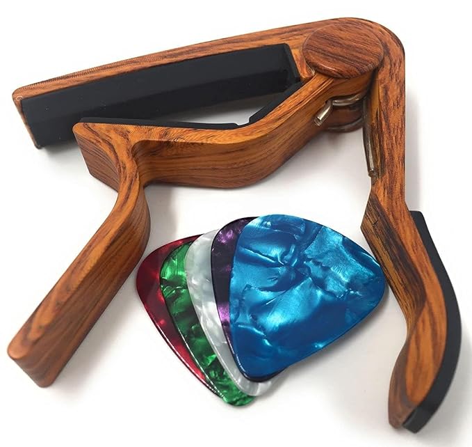 UNIQKART Guitar Capo for 6-String Acoustic Electric Guitars, Quick Change for U-kulele B-anjo Man-dolin Bass with 5 Free Picks, Rosewood