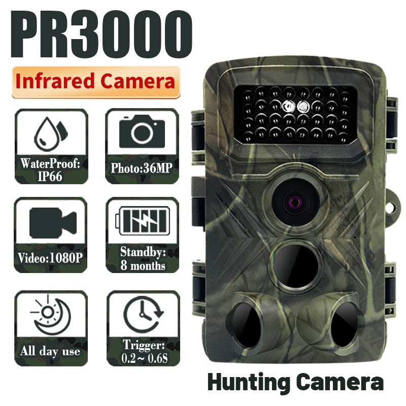 PR3000 2.0-Inch Screen Outdoor Hunting Camera 3 Infrared Sensors 36MP 1080P HD Waterproof Outdoor Adventure Mini Cam