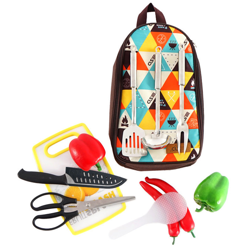 CLS 7Pcs / Set Outdoor Camping BBQ Cookware Spatula Cutting Board Knife Fork Spoon Scissors with Storage Bag (BPA Free, No FDA Certificate) - Coffee