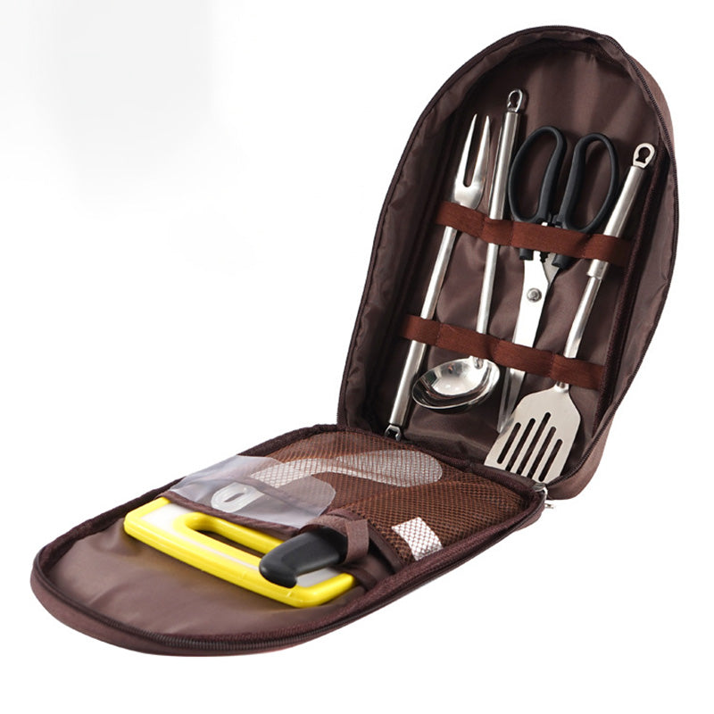CLS 7Pcs / Set Outdoor Camping BBQ Cookware Spatula Cutting Board Knife Fork Spoon Scissors with Storage Bag (BPA Free, No FDA Certificate) - Coffee