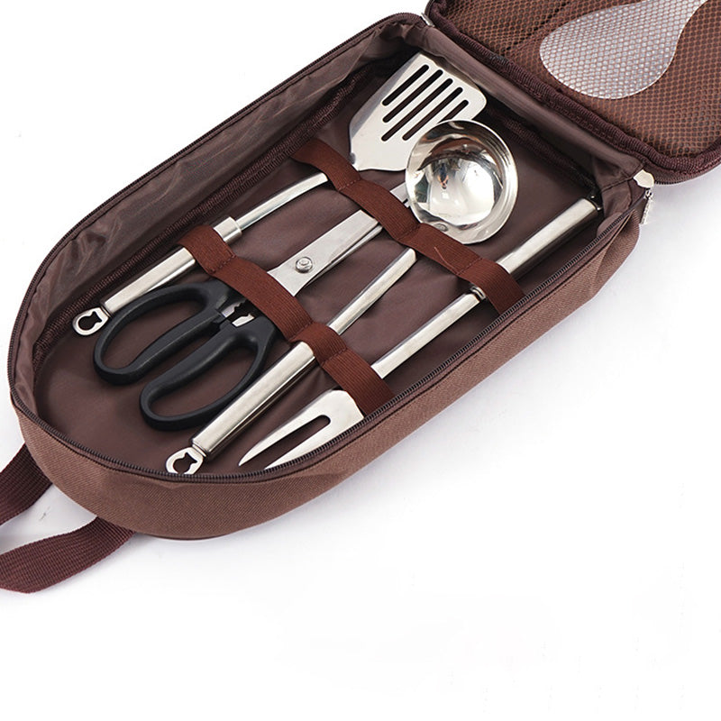 CLS 7Pcs / Set Outdoor Camping BBQ Cookware Spatula Cutting Board Knife Fork Spoon Scissors with Storage Bag (BPA Free, No FDA Certificate) - Coffee