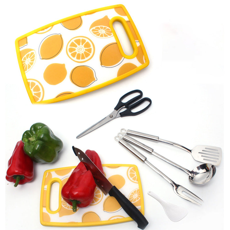 CLS 7Pcs / Set Outdoor Camping BBQ Cookware Spatula Cutting Board Knife Fork Spoon Scissors with Storage Bag (BPA Free, No FDA Certificate) - Coffee