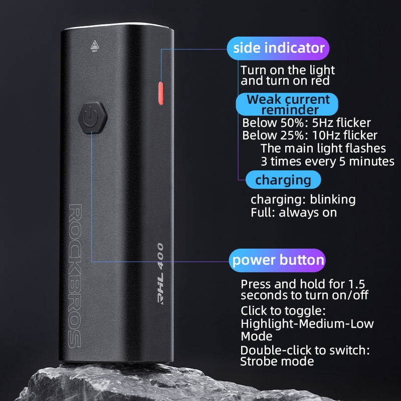 Rockbros RHL400 Super Bright USB Rechargeable Bike LED Light Waterproof Front Headlight for Road Cycling Safety