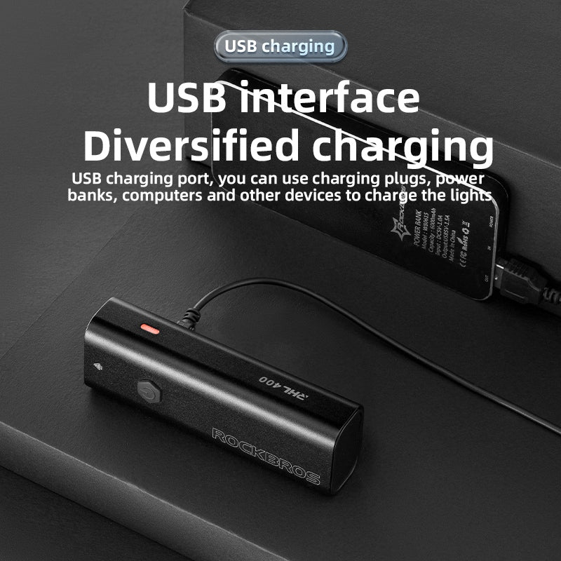 Rockbros RHL400 Super Bright USB Rechargeable Bike LED Light Waterproof Front Headlight for Road Cycling Safety