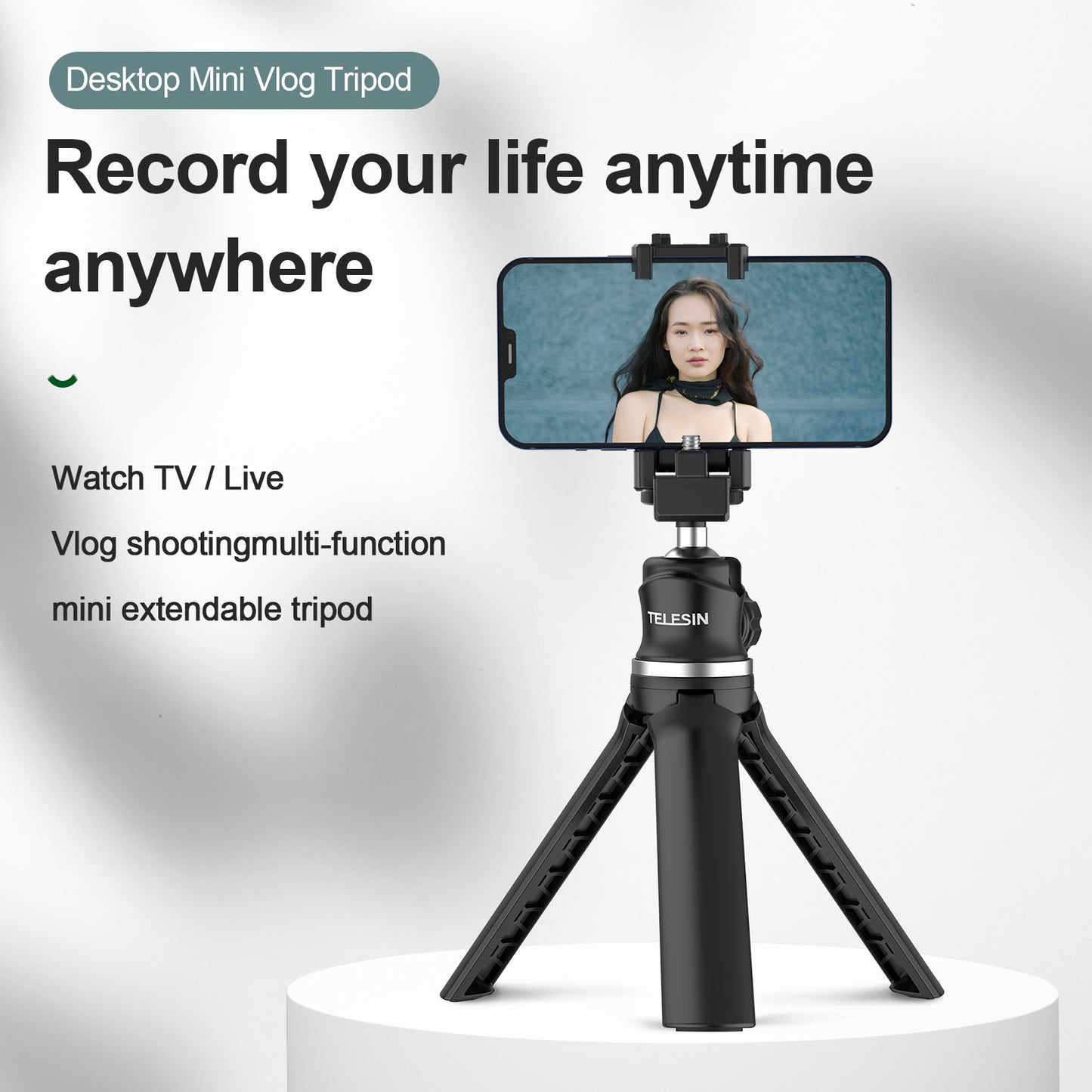 TELESIN TE-TRP-K1 360° Ballhead Mini Tripod Selfie Stick with 1/4" Screw Cold Shoe Phone Clip for GoPro 9 8 7 6 Insta360 Mobile Phone SLR