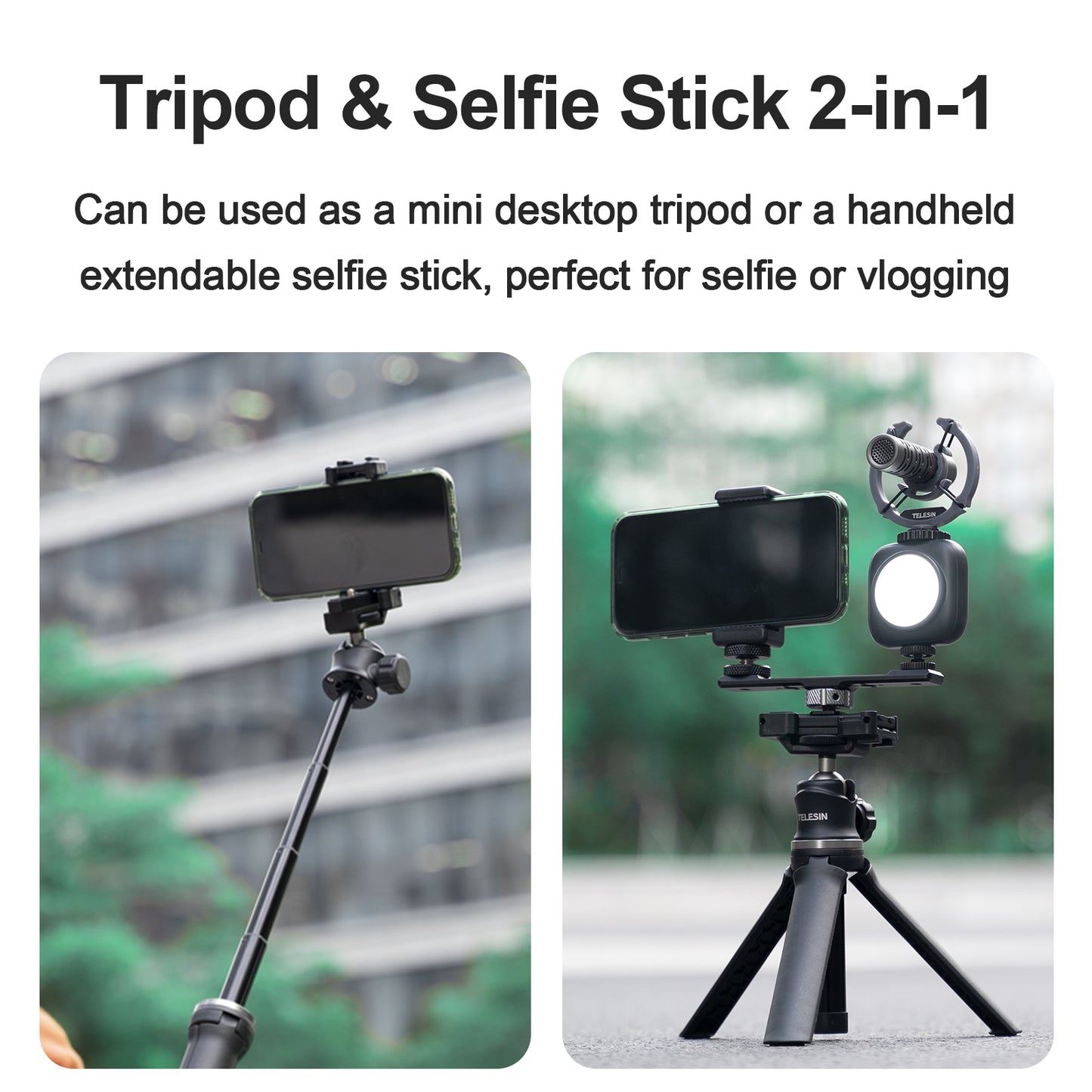 TELESIN TE-TRP-K1 360° Ballhead Mini Tripod Selfie Stick with 1/4" Screw Cold Shoe Phone Clip for GoPro 9 8 7 6 Insta360 Mobile Phone SLR