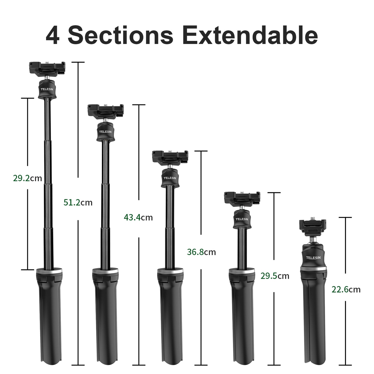 TELESIN TE-TRP-K1 360° Ballhead Mini Tripod Selfie Stick with 1/4" Screw Cold Shoe Phone Clip for GoPro 9 8 7 6 Insta360 Mobile Phone SLR