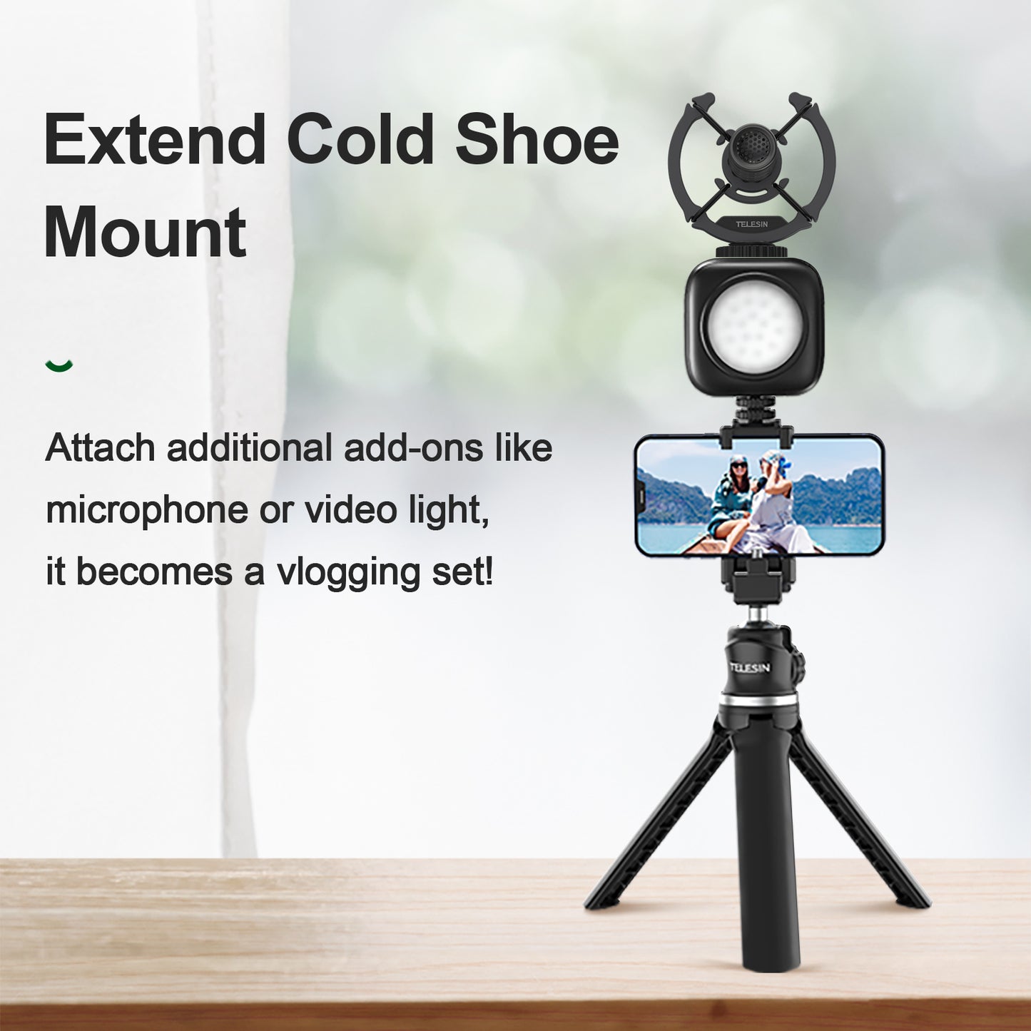 TELESIN TE-TRP-K1 360° Ballhead Mini Tripod Selfie Stick with 1/4" Screw Cold Shoe Phone Clip for GoPro 9 8 7 6 Insta360 Mobile Phone SLR