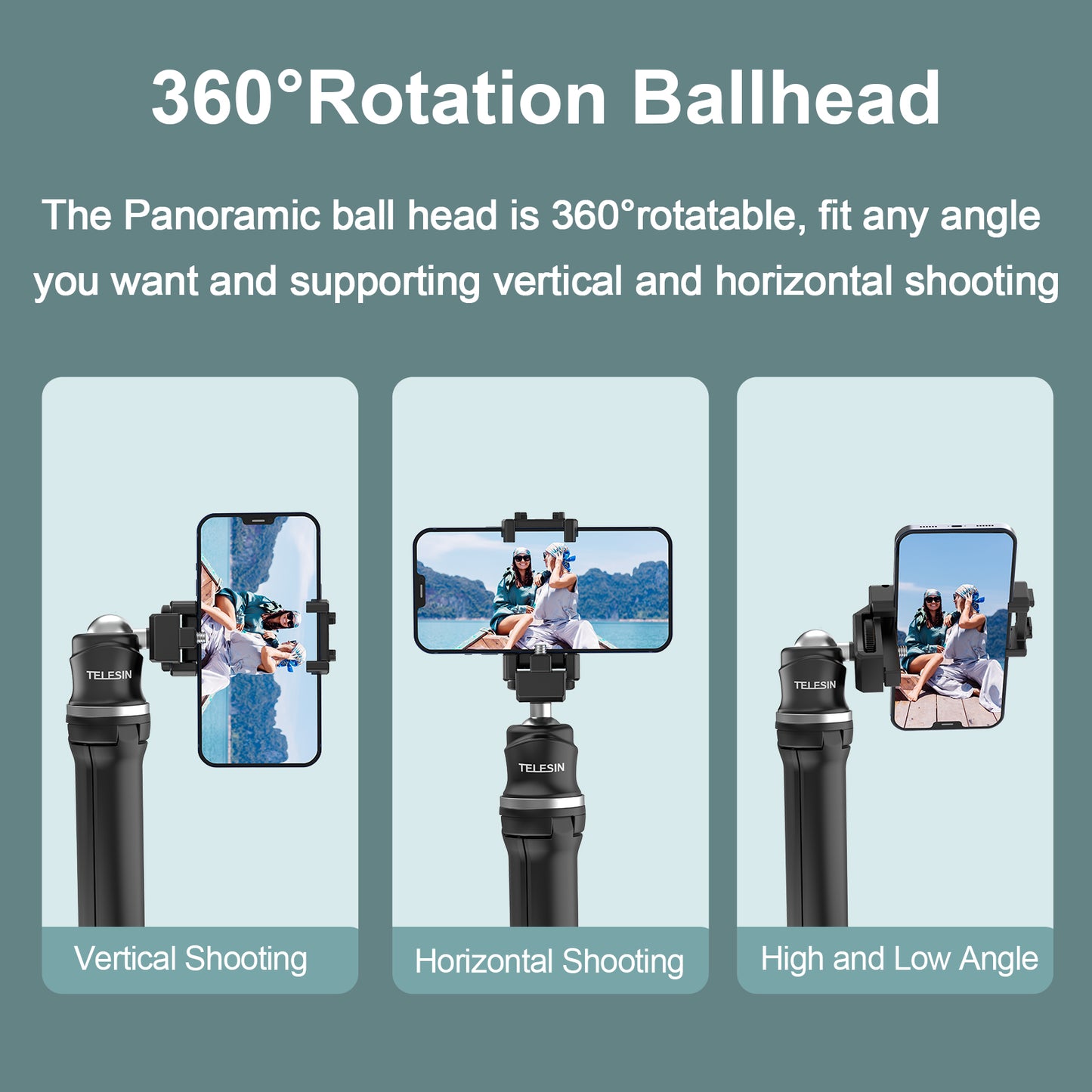 TELESIN TE-TRP-K1 360° Ballhead Mini Tripod Selfie Stick with 1/4" Screw Cold Shoe Phone Clip for GoPro 9 8 7 6 Insta360 Mobile Phone SLR
