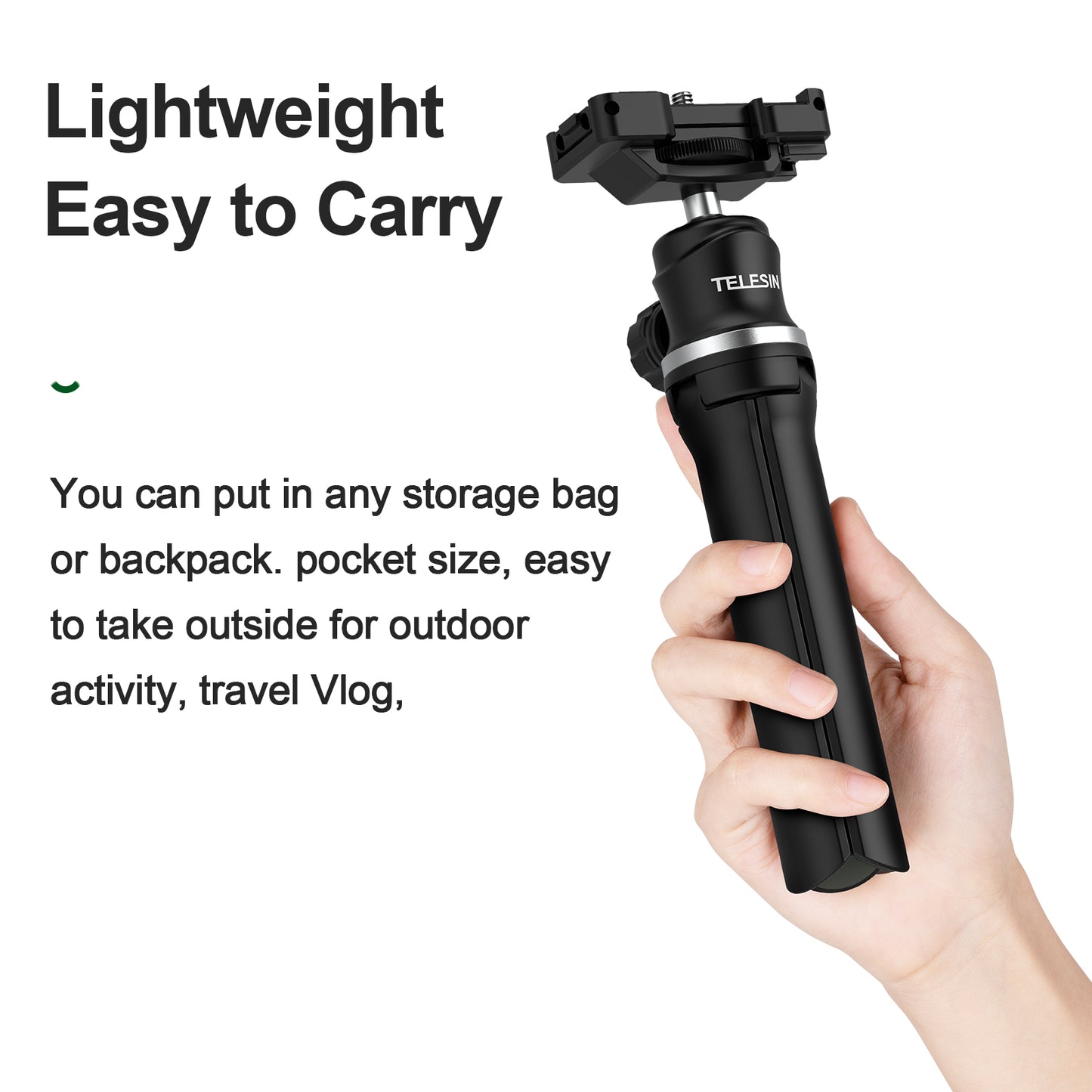 TELESIN TE-TRP-K1 360° Ballhead Mini Tripod Selfie Stick with 1/4" Screw Cold Shoe Phone Clip for GoPro 9 8 7 6 Insta360 Mobile Phone SLR