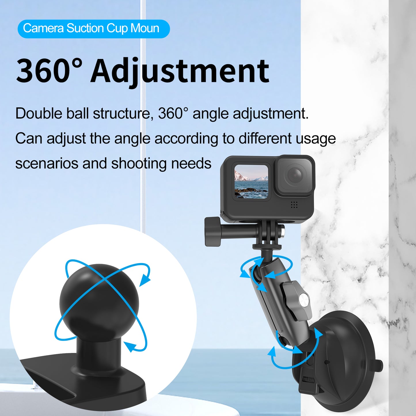 TELESIN TE-SUC-010 Car Phone Holder Suction Cup 360° Adjustable Universal 1/4 Standard Adapter for GoPro Insta360 Osmo Action Camera