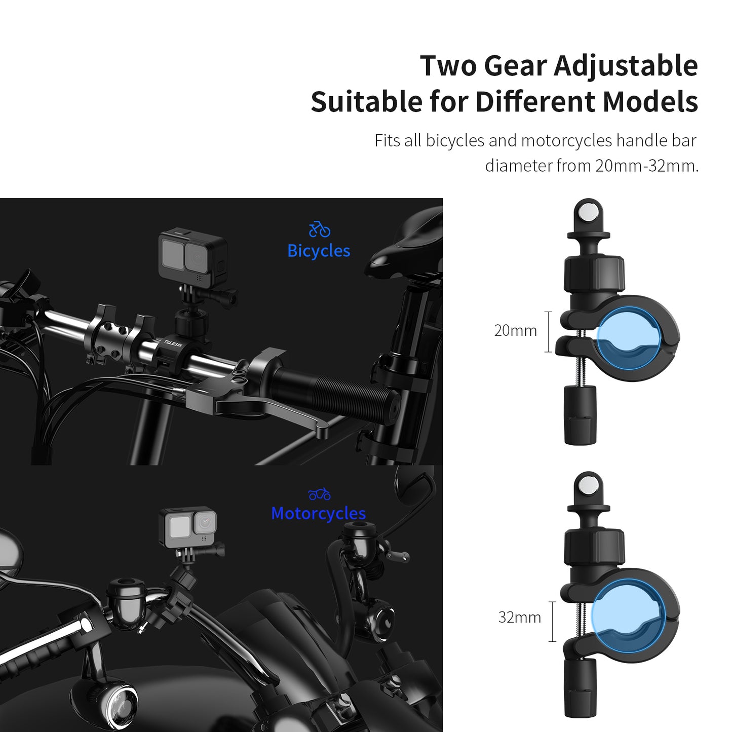 TELESIN DJ-HBM-001 360° Rotation Holder Bike Bicycle Motorcycle Handlebar Mount for GoPro Insta360 Osmo Action Mobile Phone