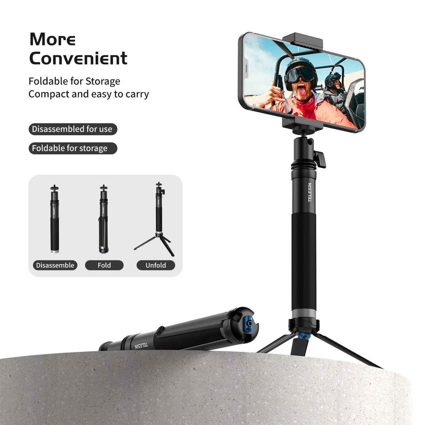 TELESIN GP-MNP-093-H 0.9m Aluminum Alloy Selfie Stick 360° Rotation Ball Head Phone Holder Tripod Mount
