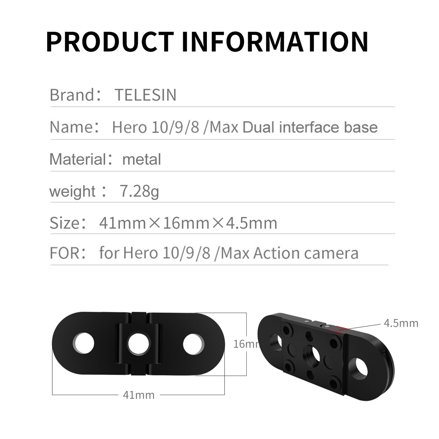 TELESIN Dual Port Connector Action Camera Bottom Adapter for GoPro Hero 9 / 10 / 11 / 8