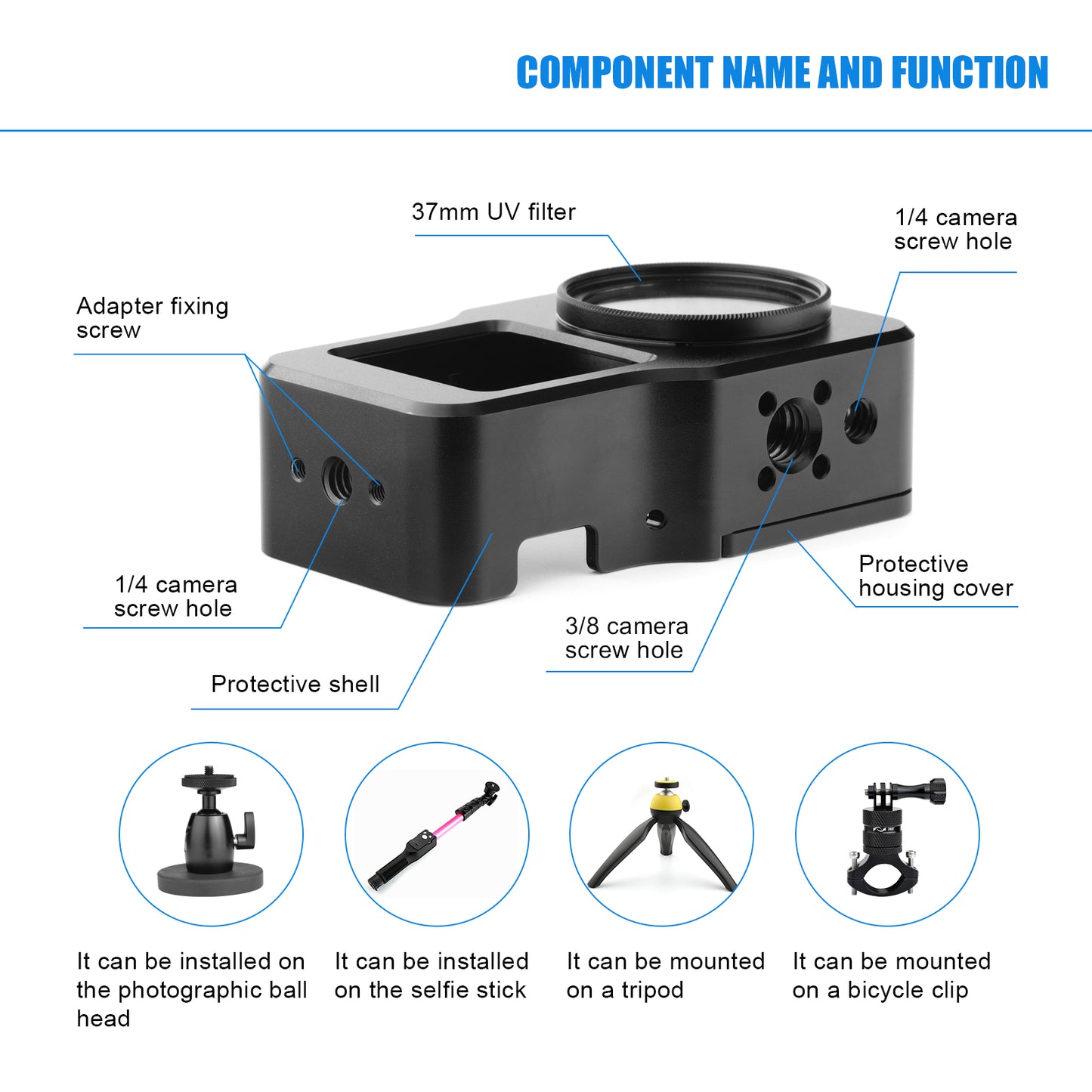 AGDY47 Aluminum Alloy Protective Metal Case Frame Cage + UV Lens Filter for DJI Action 2 Camera Accessories - Black