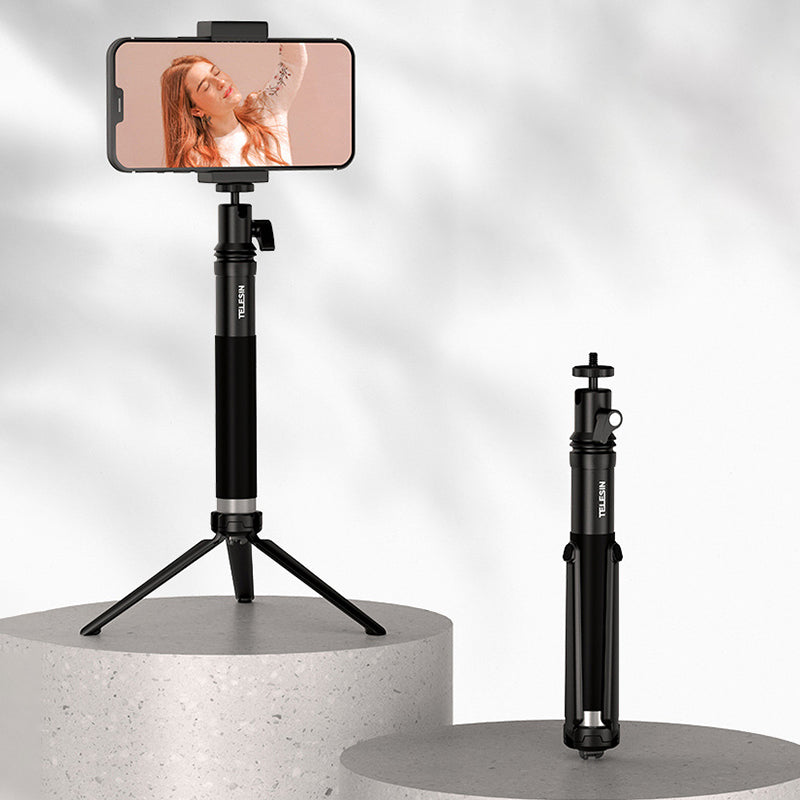 TELESIN GP-MNP-094-D 0.9m Portable Selfie Stick Aluminum Alloy Extendable Selfie Stick with Phone Holder Support Multi-Angle Rotating for Photography Live Streaming