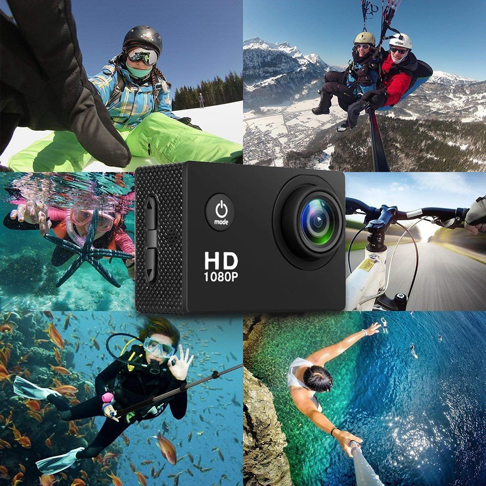 X6000-11 Mini Action Camera 2.0" LCD Screen 1080P Camera Multifunctional Waterproof Riding Recorder for Outdoor Photography - Black