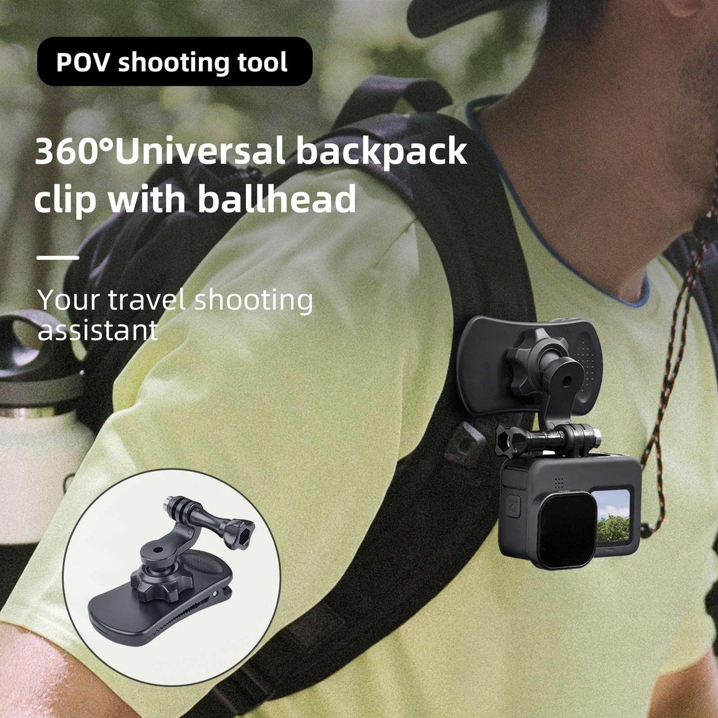 Uniqkart GP-JFM-006 For GoPro / DJI / Insta360 Action Camera 360 Degrees Rotation Backpack Clip Clamp Mount Stand