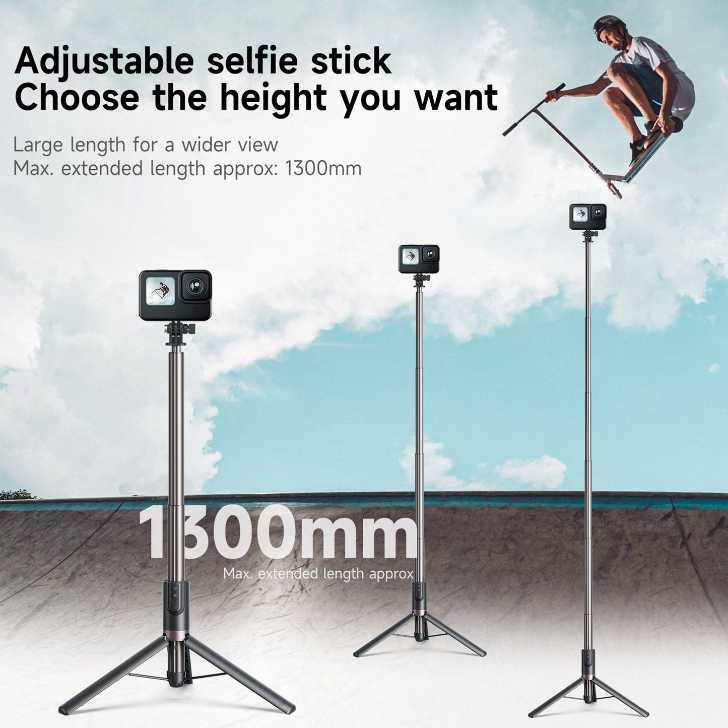 Uniqkart TE-RCSS-003 1.3m Aluminum Alloy Telescopic Selfie Stick Bluetooth Remote Control Camera Tripod for GoPro11 / 10