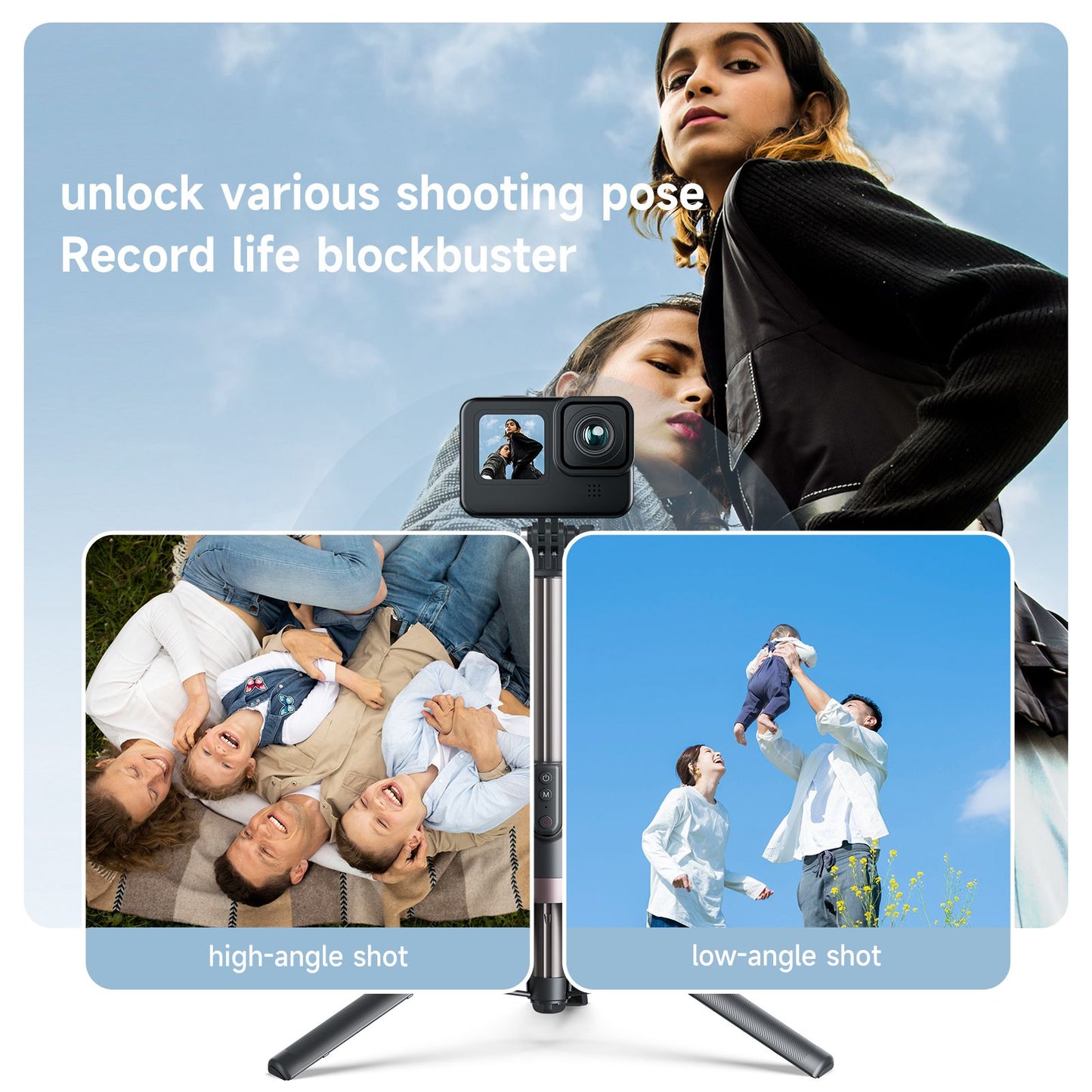 Uniqkart TE-RCSS-003 1.3m Aluminum Alloy Telescopic Selfie Stick Bluetooth Remote Control Camera Tripod for GoPro11 / 10