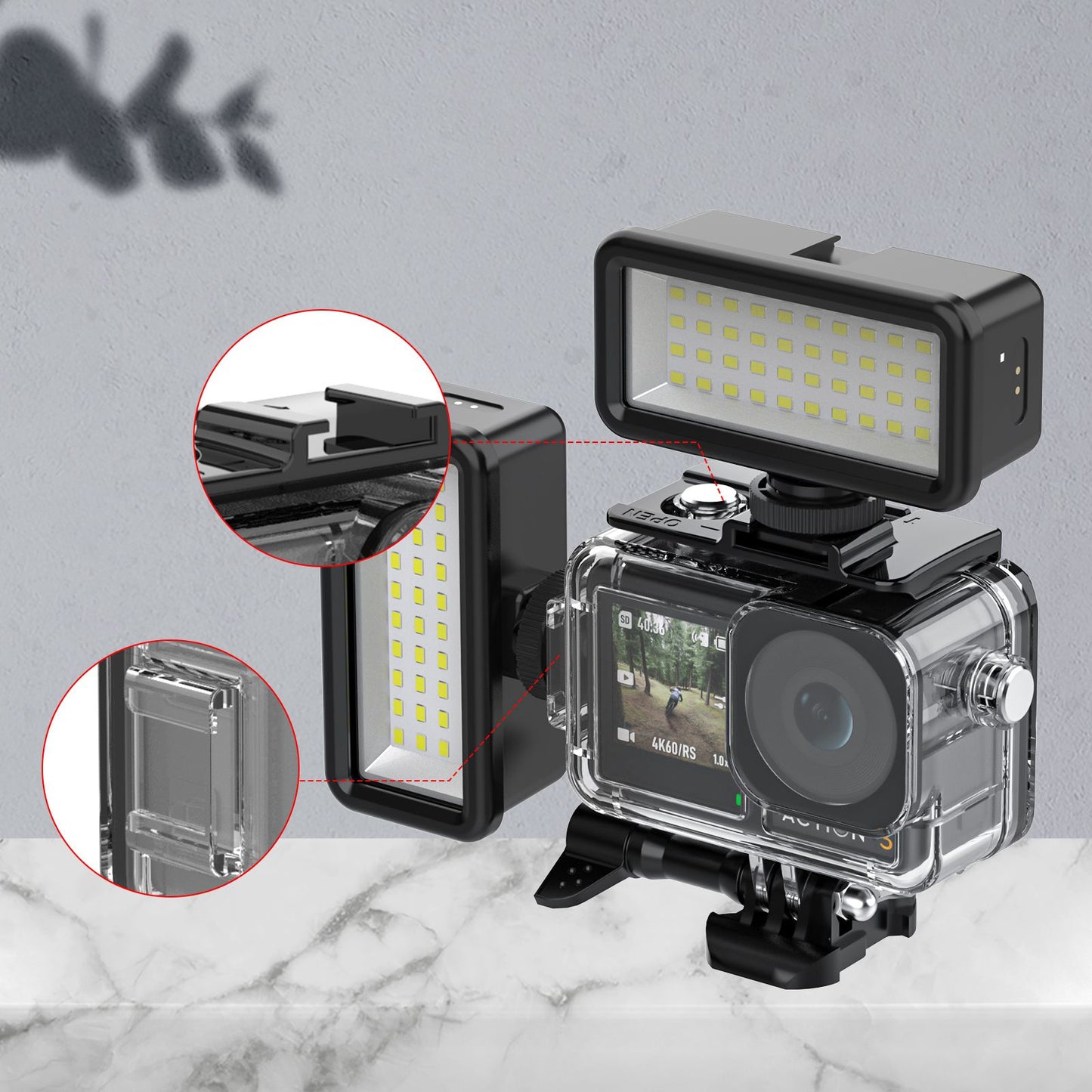 FLW389 Waterproof Case for DJI Action 3 Water Resistant Anti-Scratch Protective Case with Cold Shoe Interface for Fill Light, Dive Light, Microphone