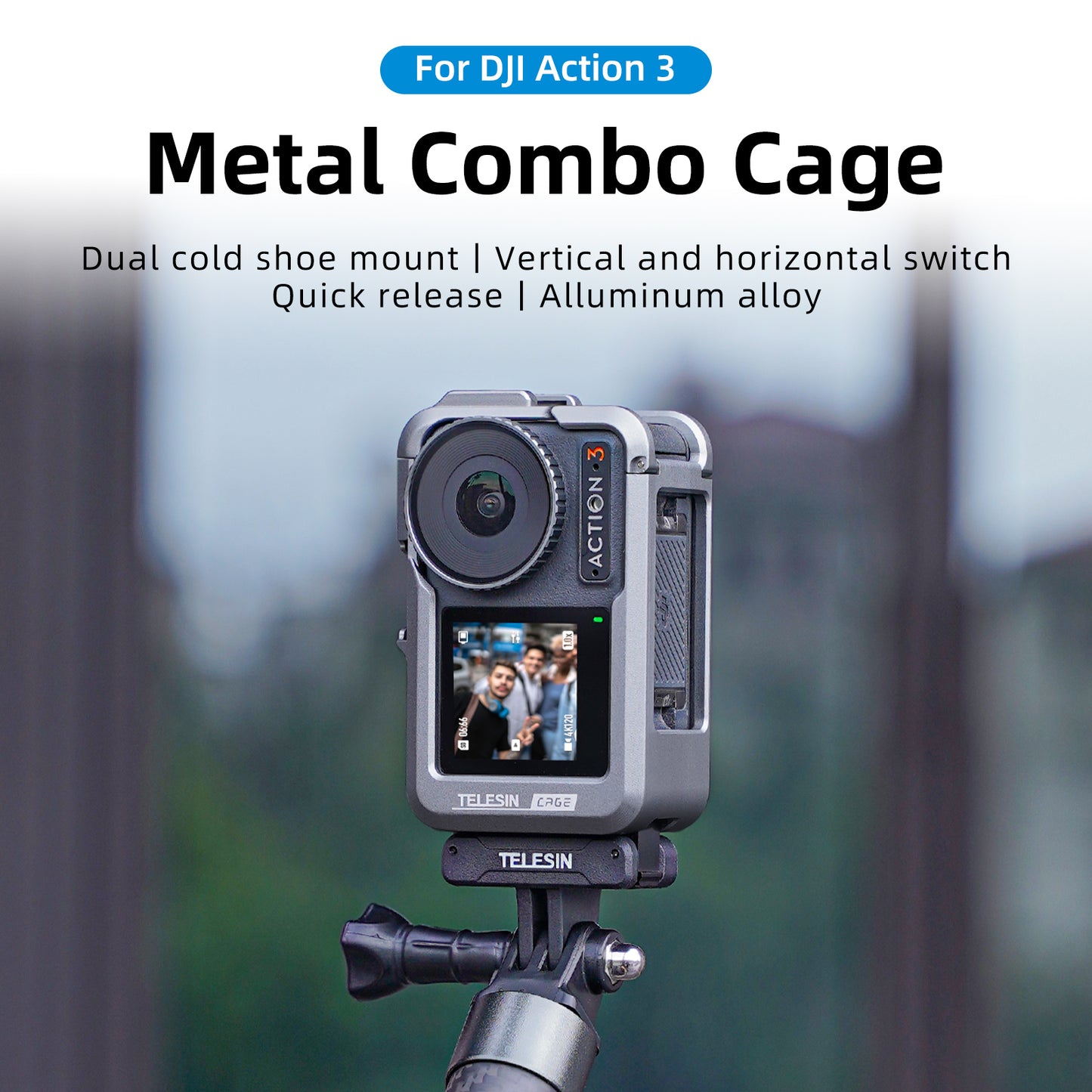 Uniqkart OA-FMS-004 For DJI Action3 Metal Combo Cage with Dual Cold Shoe Mount