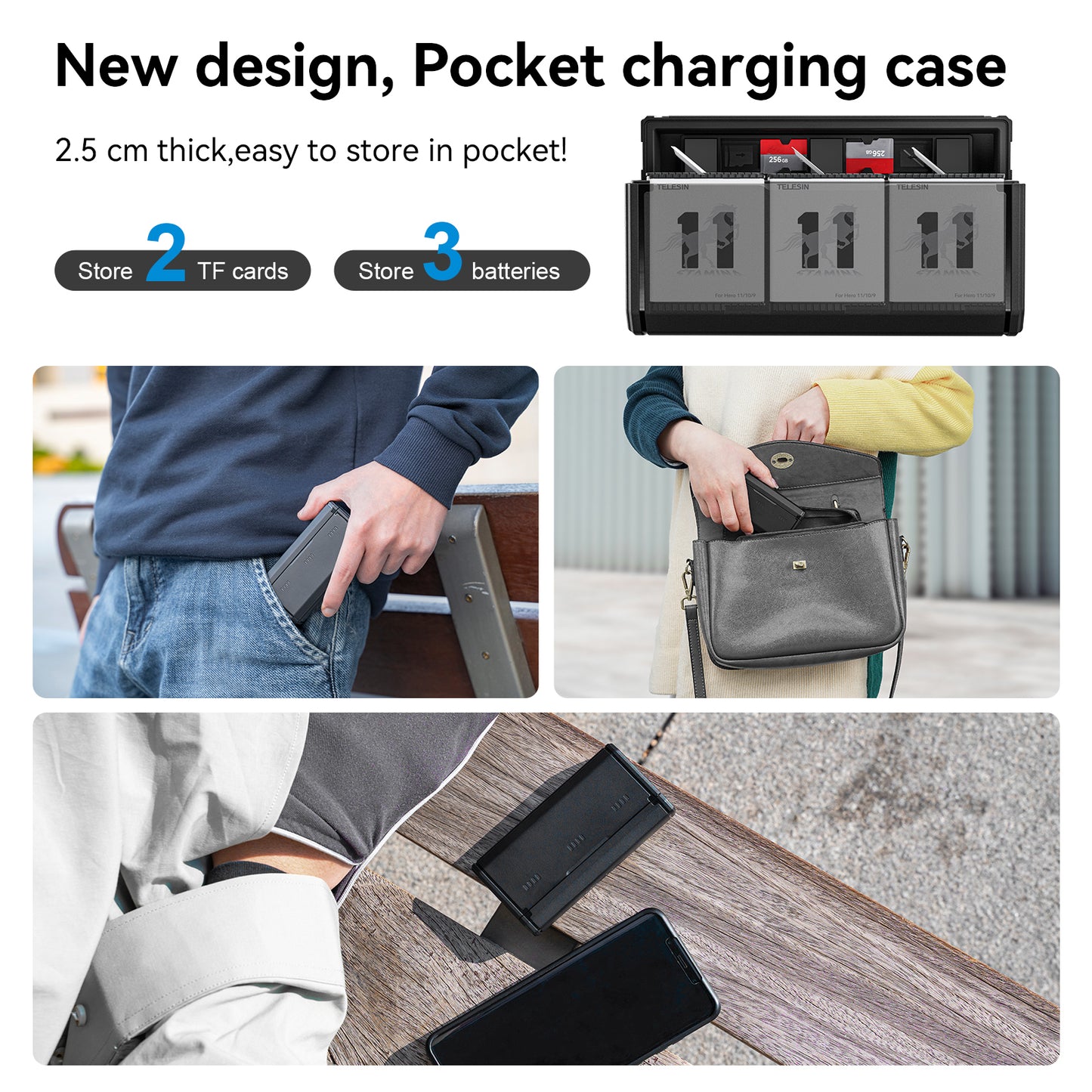 Uniqkart GP-HPK-011 for GoPro Hero 9 / 10 / 11 3 Slots TF Card Storage Pocket Battery Charger Box