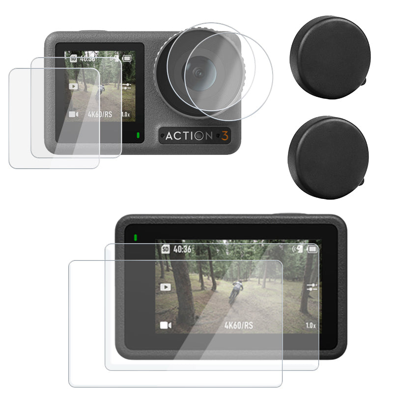 Uniqkart for DJI Osmo Action 3 Sports Camera Lens Cover Tempered Glass Screen Protector Set