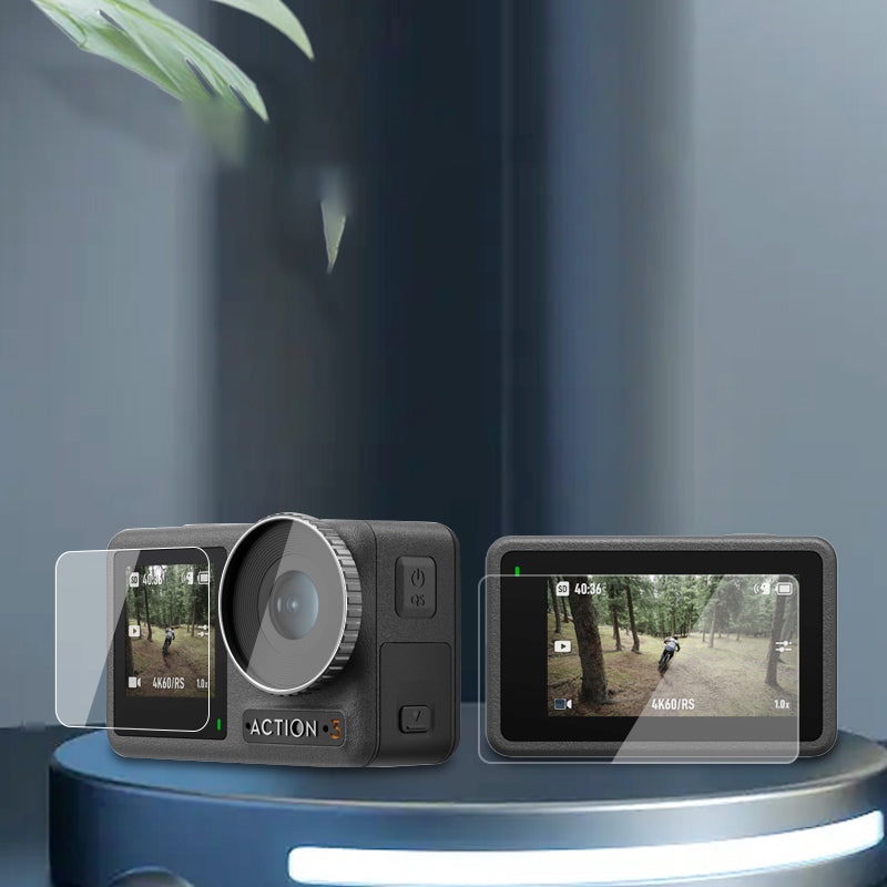 Uniqkart for DJI Osmo Action 3 Sports Camera Lens Cover Tempered Glass Screen Protector Set