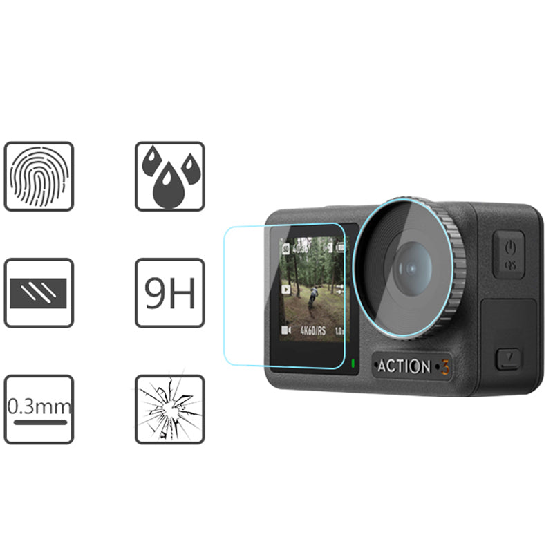 Uniqkart for DJI Osmo Action 3 Sports Camera Lens Cover Tempered Glass Screen Protector Set