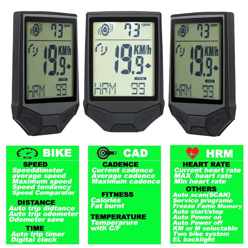 XH-BC335-LCD Wireless Bike Computer Heart Rate Cadence Sensor Multifunctional Waterproof LCD Screen Cycling Computer - Black