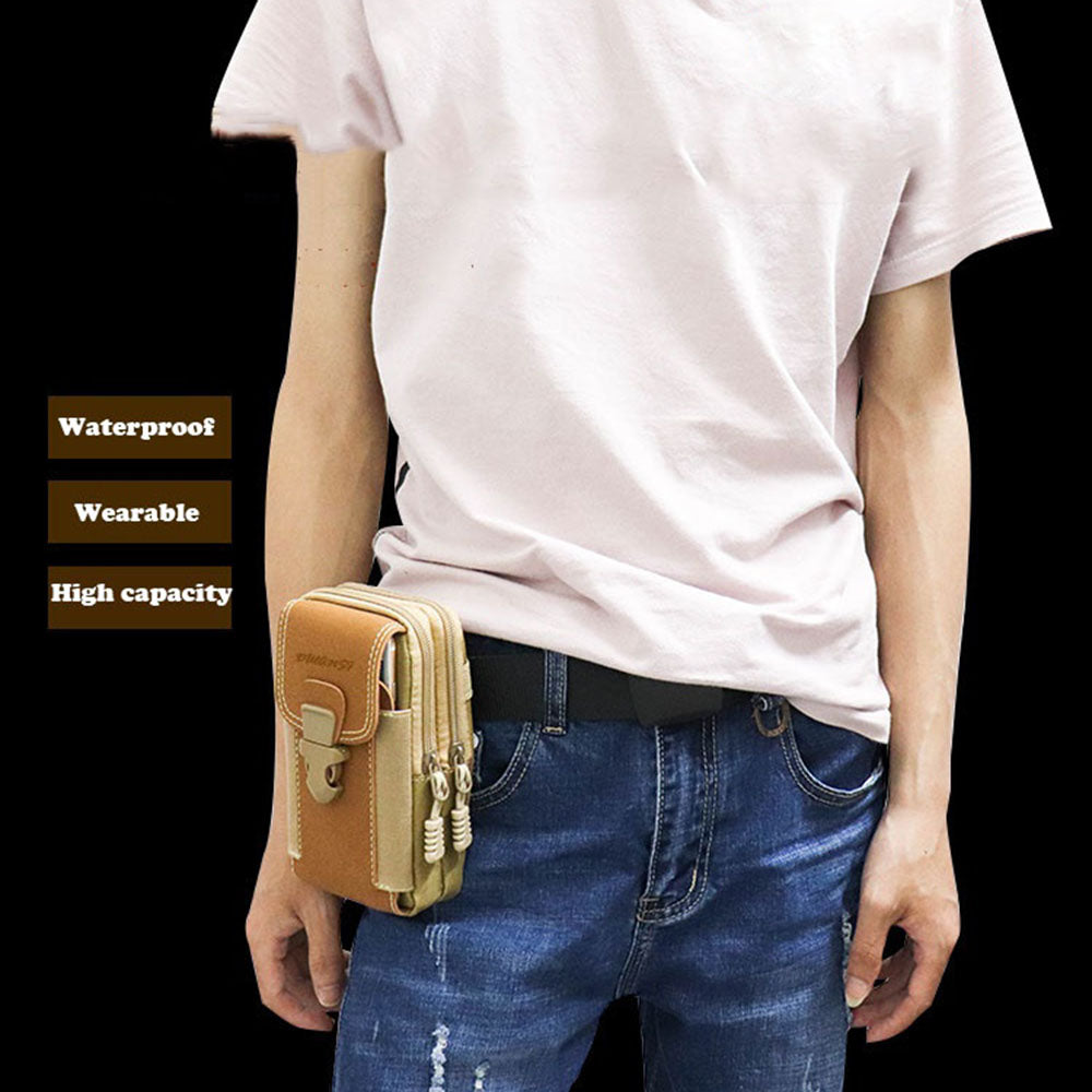 6.5-inch Vertical Three Layer Design Portable Sports Tactical Mobile Phone Pouch Belt Hanging Storage Bag - Khaki