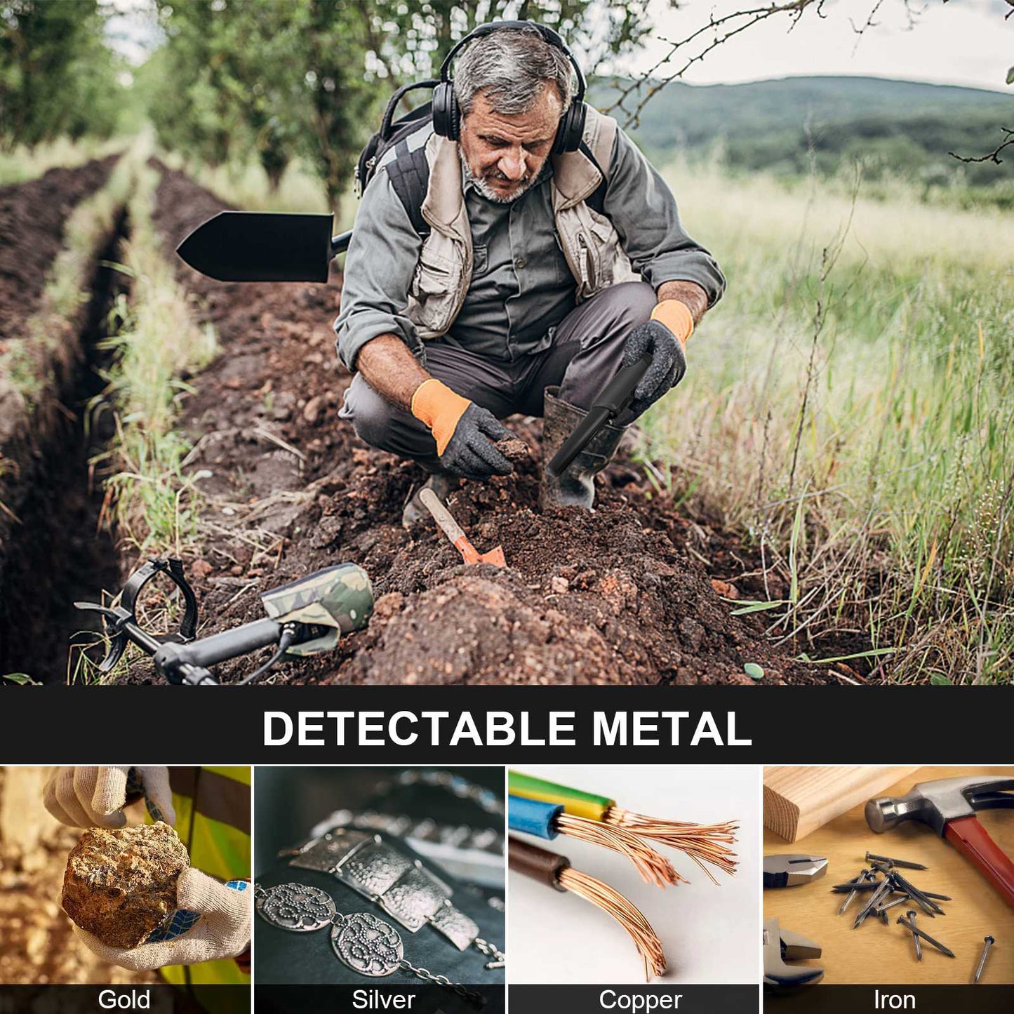 LCD Display Metal Detector Pinpointer Handheld Pin Pointer Wand Treasure Finder Probe with Spring Buckle for Adults Kids (No Battery) - Black