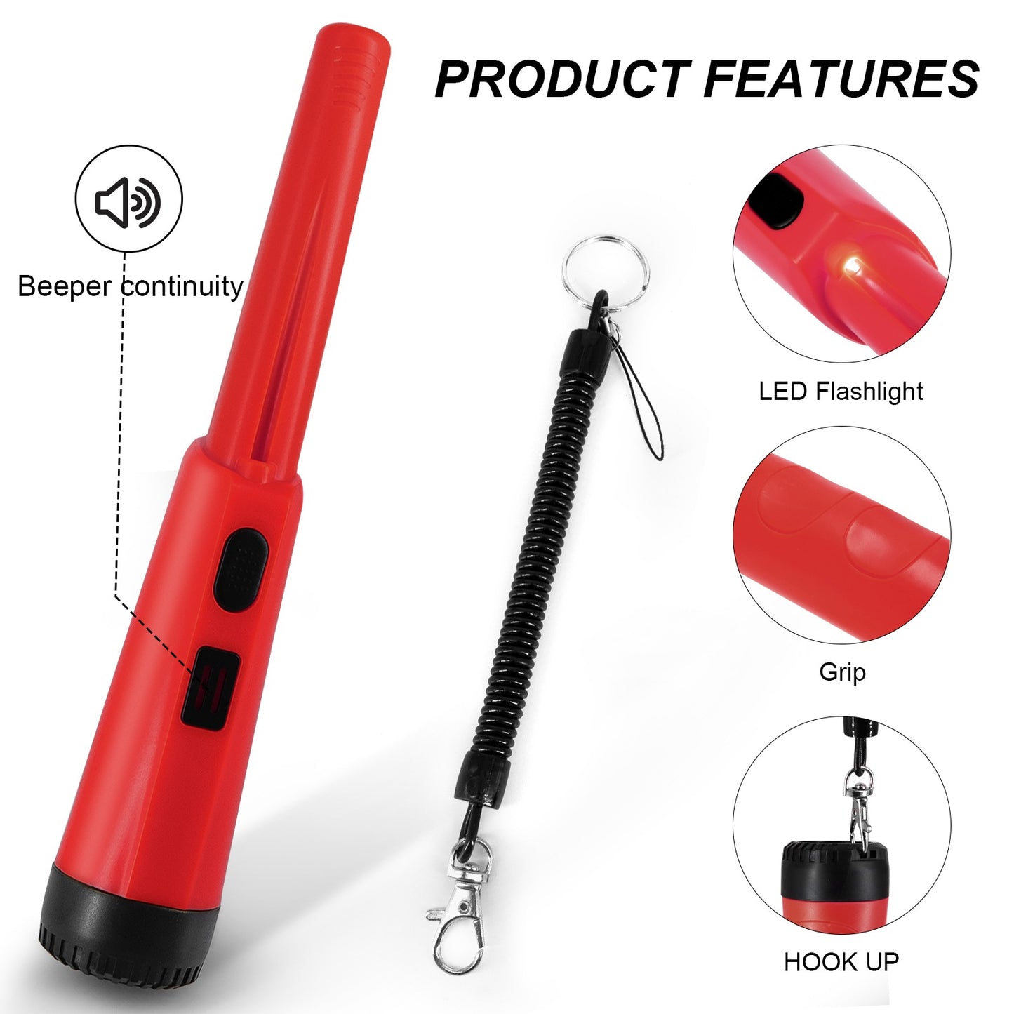 LCD Display Metal Detector Pinpointer Handheld Pin Pointer Wand Treasure Finder Probe with Spring Buckle for Adults Kids (No Battery) - Red