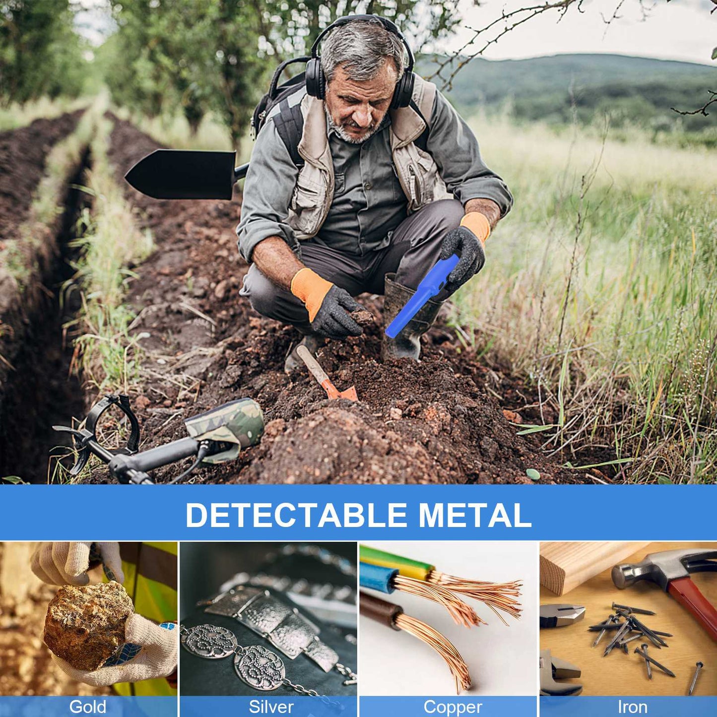 LCD Display Metal Detector Pinpointer Handheld Pin Pointer Wand Treasure Finder Probe with Spring Buckle for Adults Kids (No Battery) - Blue