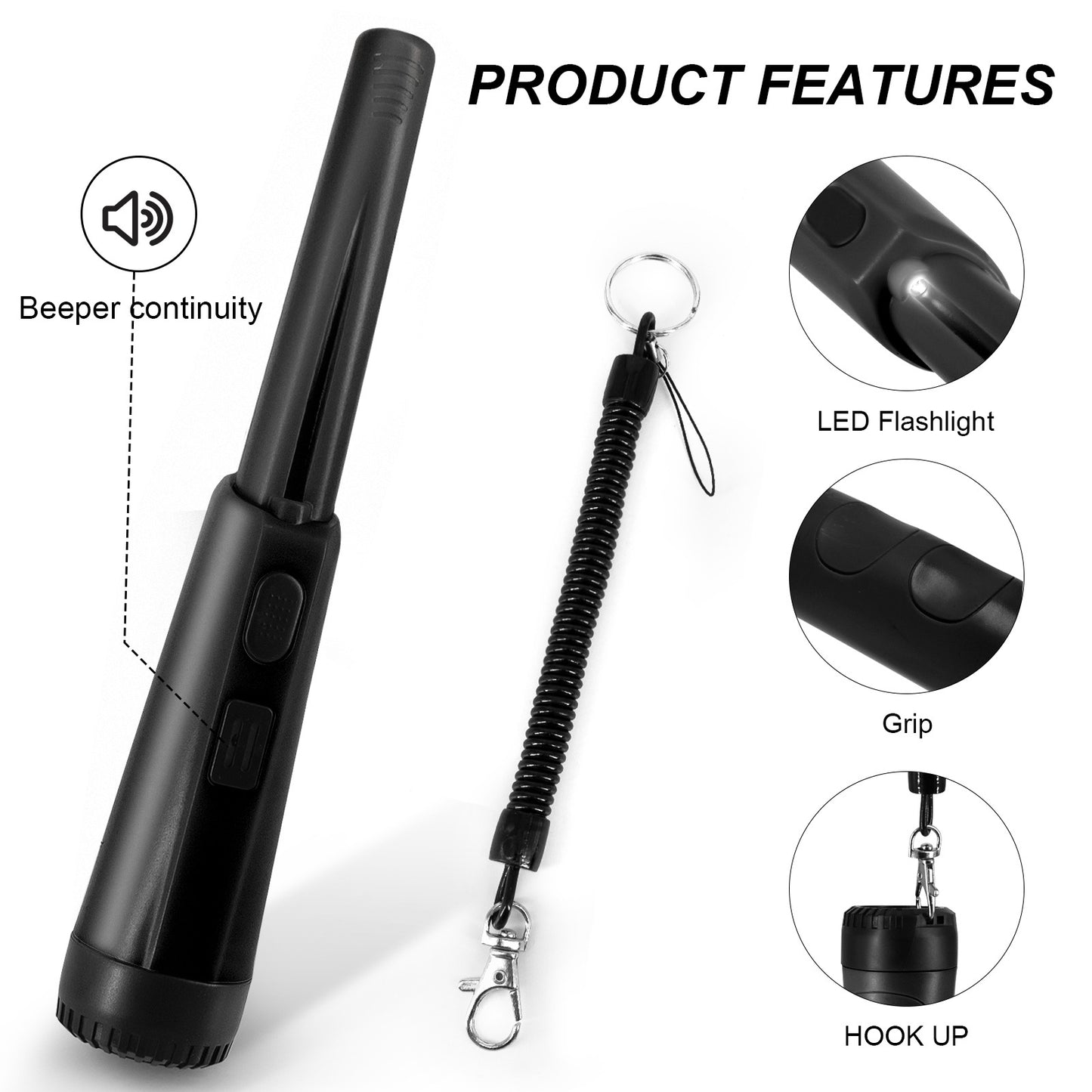 Handheld Metal Detector Pinpointer Portable Pin Pointer Wand Search Treasure Finder Probe with LCD Display for Adults Kids (No Battery, No Waterproof Bag) - Black
