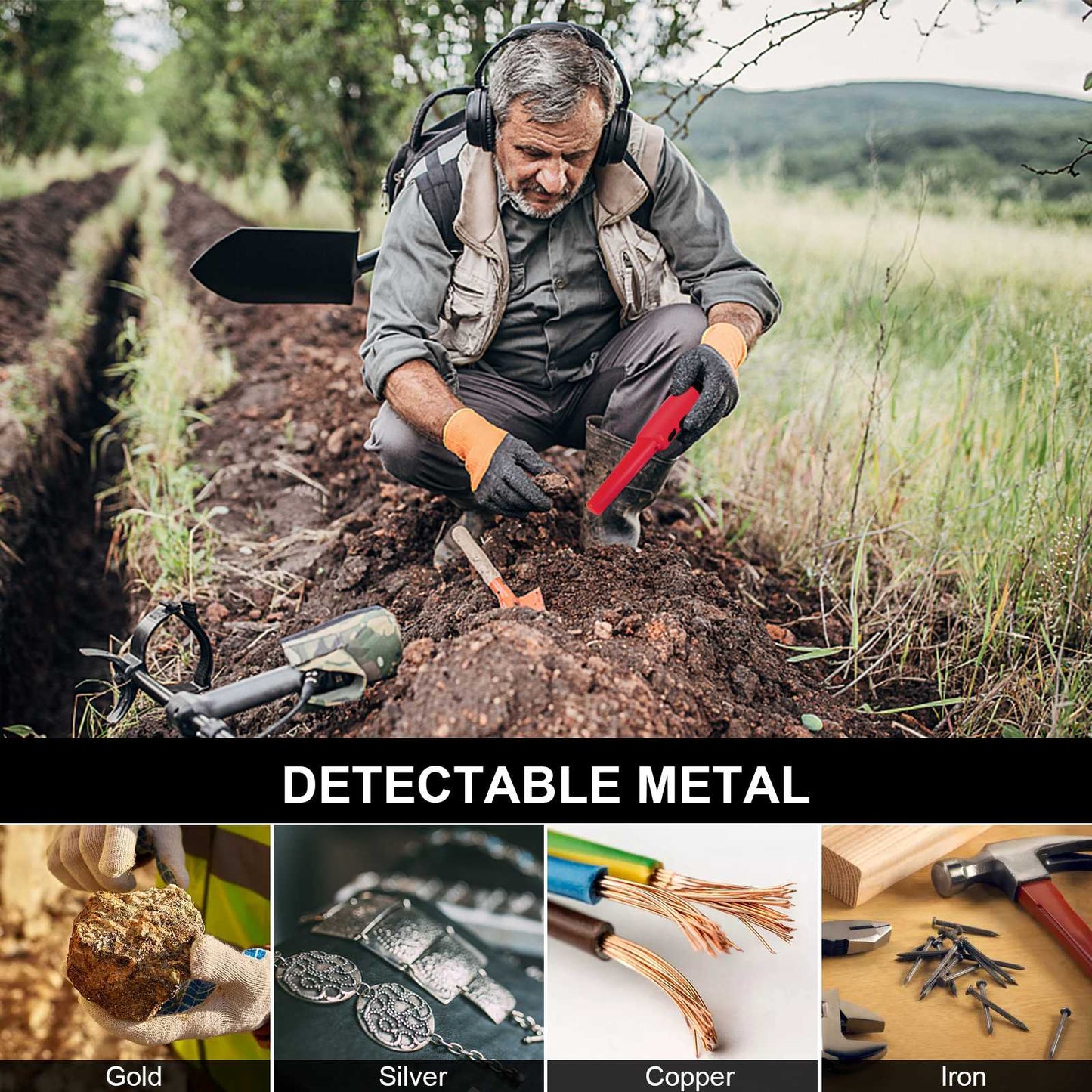 Handheld Metal Detector Pinpointer Portable Pin Pointer Wand Search Treasure Finder Probe with LCD Display for Adults Kids (No Battery, No Waterproof Bag) - Red