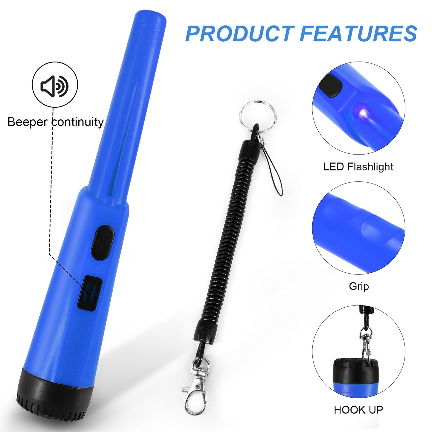 Handheld Metal Detector Pinpointer Portable Pin Pointer Wand Search Treasure Finder Probe with LCD Display for Adults Kids (No Battery, No Waterproof Bag) - Blue