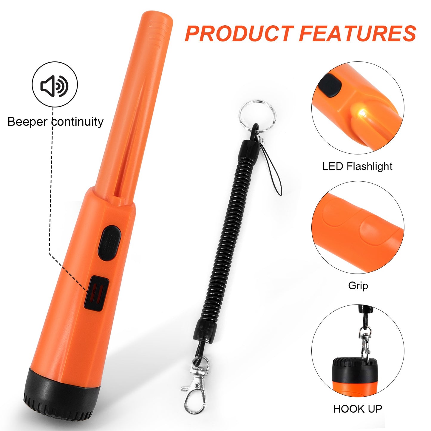 Handheld Metal Detector Pinpointer Portable Pin Pointer Wand Search Treasure Finder Probe with LCD Display for Adults Kids (No Battery, No Waterproof Bag) - Orange
