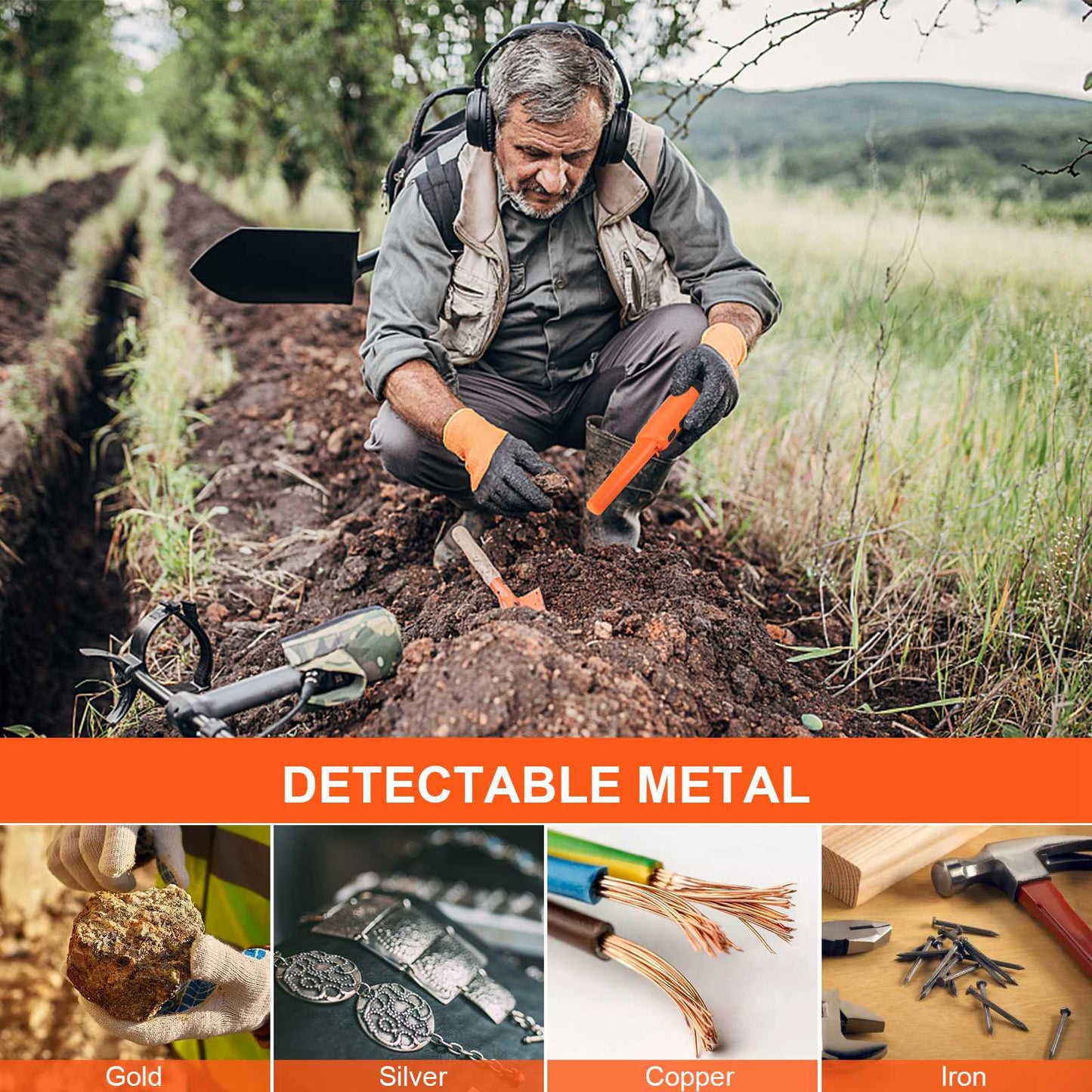 Handheld Metal Detector Pinpointer Portable Pin Pointer Wand Search Treasure Finder Probe with LCD Display for Adults Kids (No Battery, No Waterproof Bag) - Orange