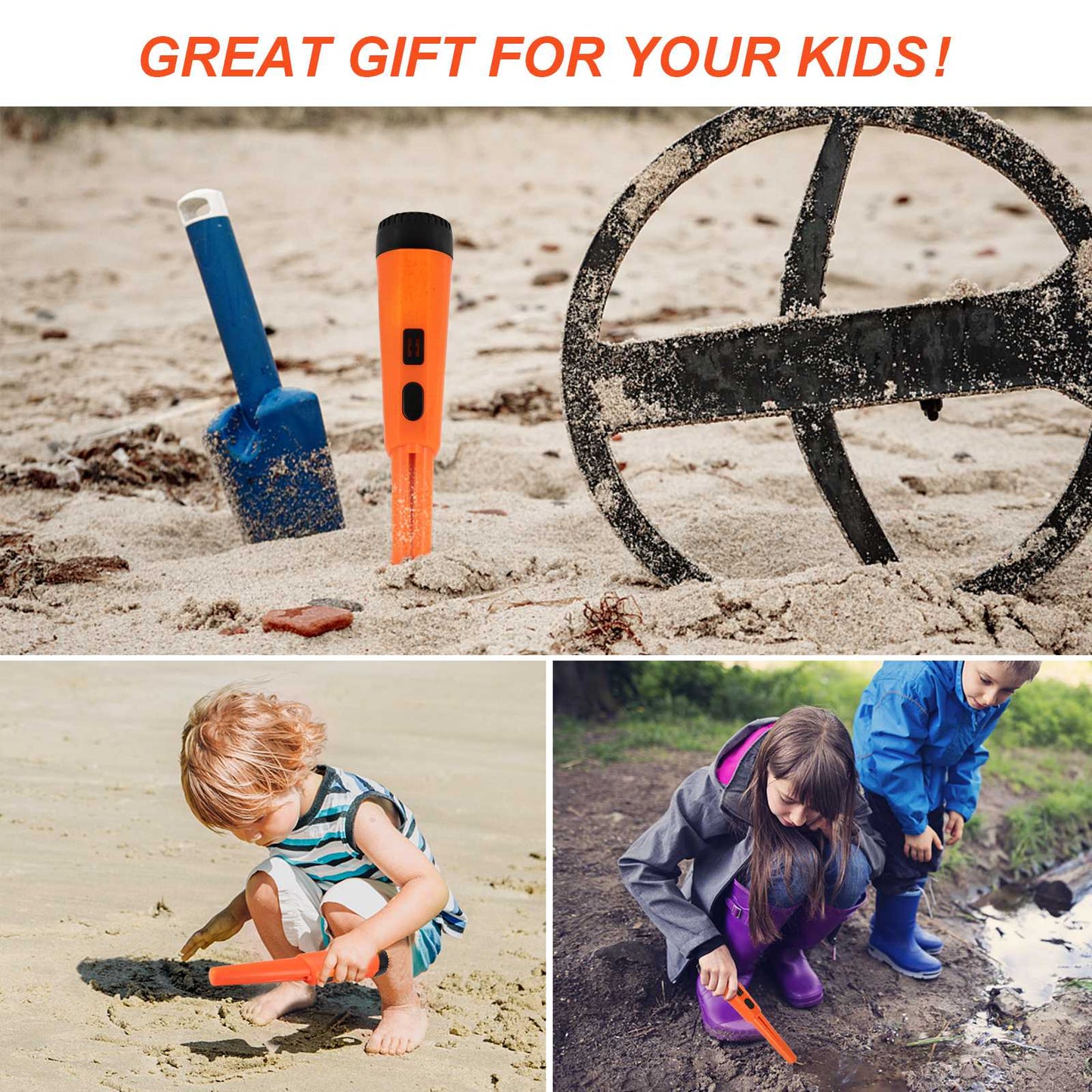 Handheld Metal Detector Pinpointer Portable Pin Pointer Wand Search Treasure Finder Probe with LCD Display for Adults Kids (No Battery, No Waterproof Bag) - Orange