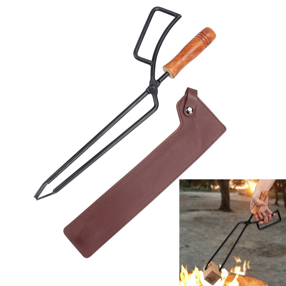 H236 Outdoor Barbecue Carbon Clip Bonfire Barbecue Charcoal Clip Firewood Clamp with Cowhide Leather Sleeve