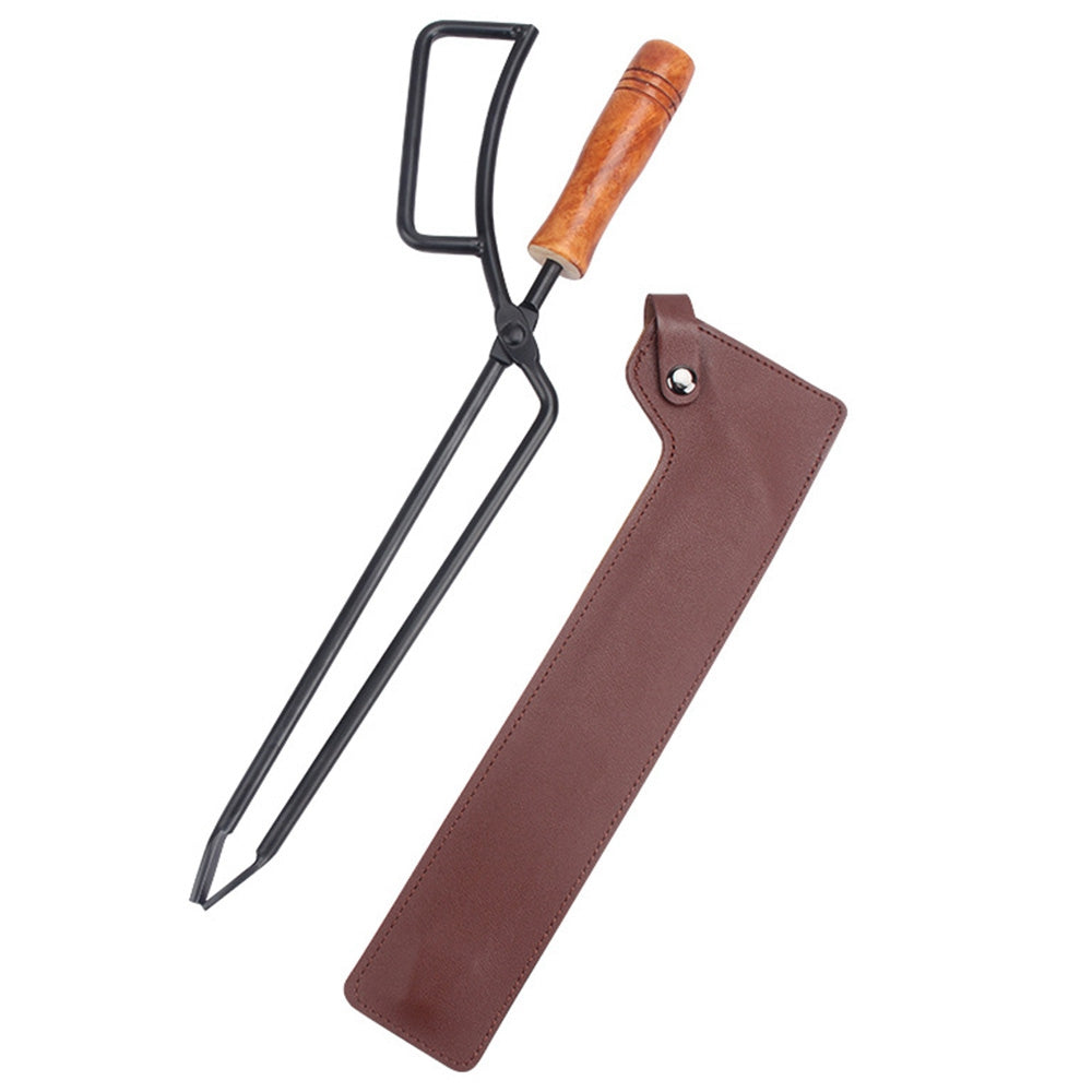H236 Outdoor Barbecue Carbon Clip Bonfire Barbecue Charcoal Clip Firewood Clamp with Cowhide Leather Sleeve