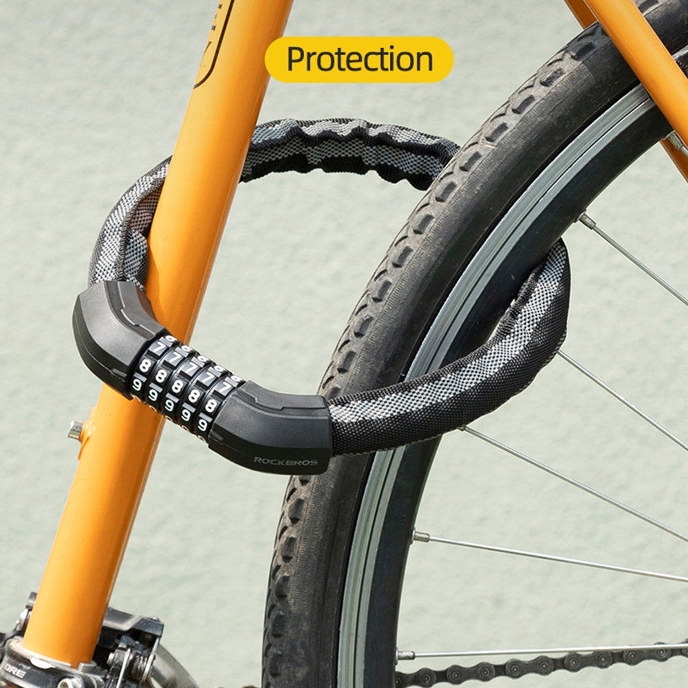 Rockbros 3220001001 Reflective 5 Digit Password Bicycle Lock Thicken Steel Cable Anti-theft Bike Code Lock - Black
